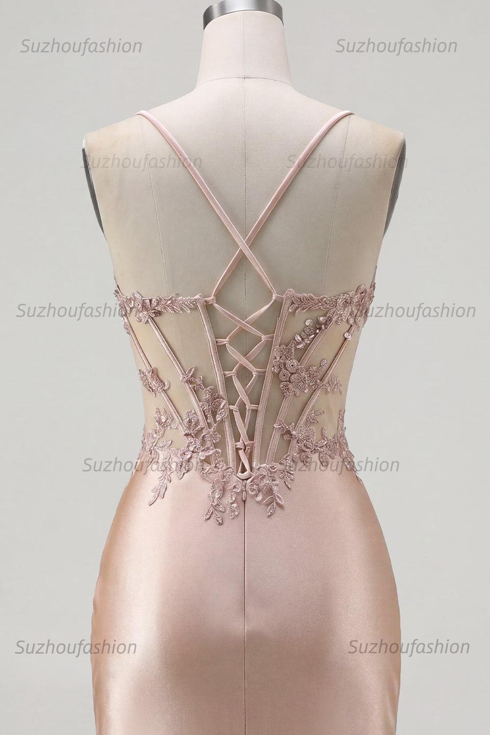 Suzhoufashion Champagne Beaded Ruched Corset Tight Short Homecoming Dress