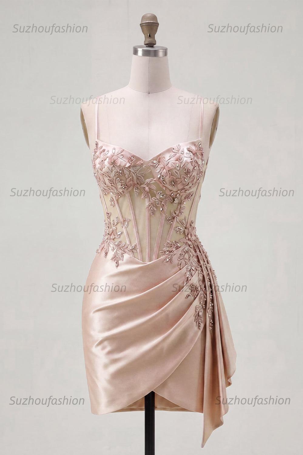 Suzhoufashion Champagne Floral Beaded Corset Tight Short Homecoming Dress with Side Cape