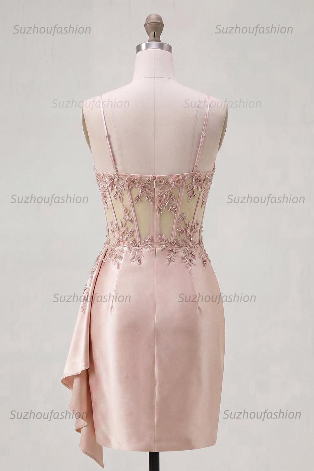 Suzhoufashion Champagne Floral Beaded Corset Tight Short Homecoming Dress with Side Cape