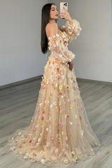 Suzhoufashion Champagne Floral Prom Dress Tulle A Line Long Formal Dress With Sleeves