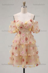 Suzhoufashion Champagne Floral Puff Sleeves A-Line Short Homecoming Dress