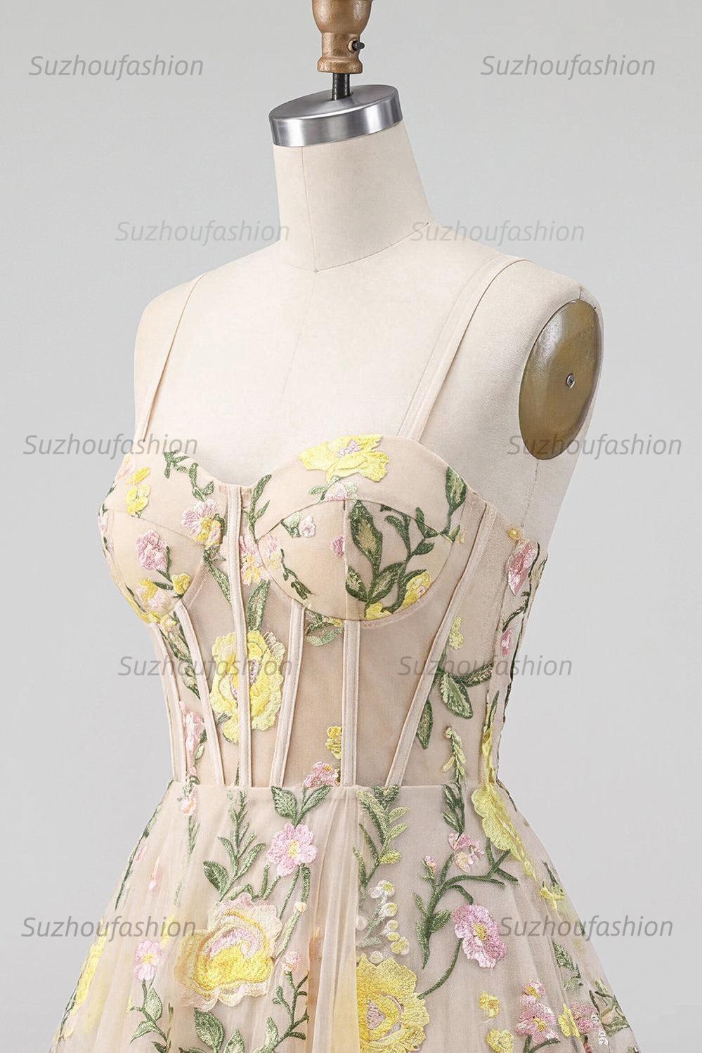 Suzhoufashion Champagne Floral Spaghetti Straps A-Line Corset Short Homecoming Dress