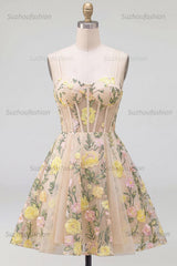 Suzhoufashion Champagne Floral Spaghetti Straps A-Line Corset Short Homecoming Dress