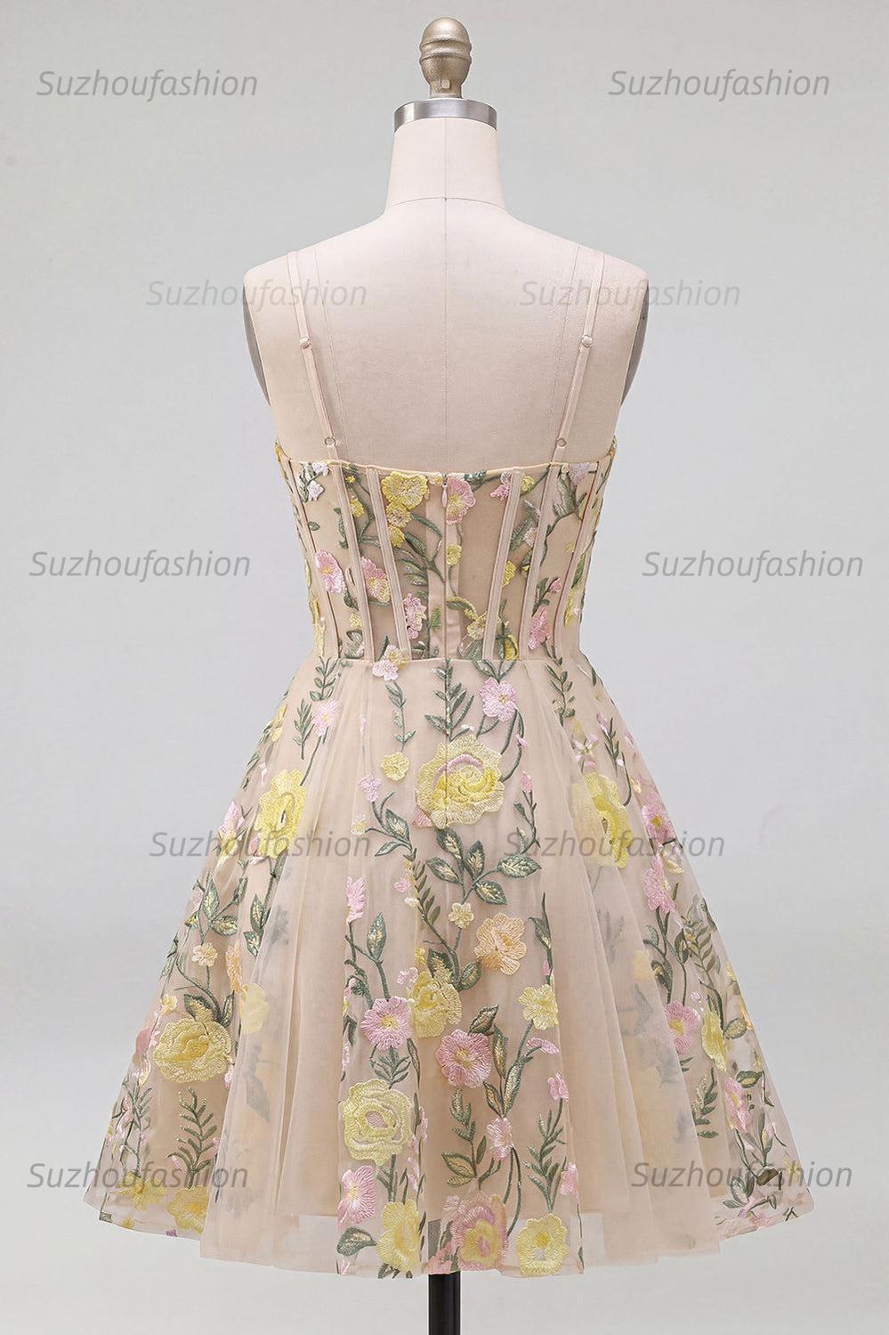 Suzhoufashion Champagne Floral Spaghetti Straps A-Line Corset Short Homecoming Dress