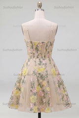 Suzhoufashion Champagne Floral Spaghetti Straps A-Line Corset Short Homecoming Dress