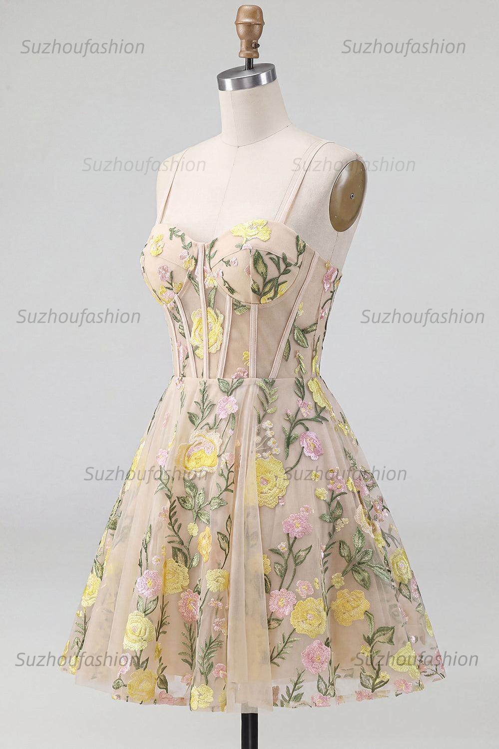 Suzhoufashion Champagne Floral Spaghetti Straps A-Line Corset Short Homecoming Dress