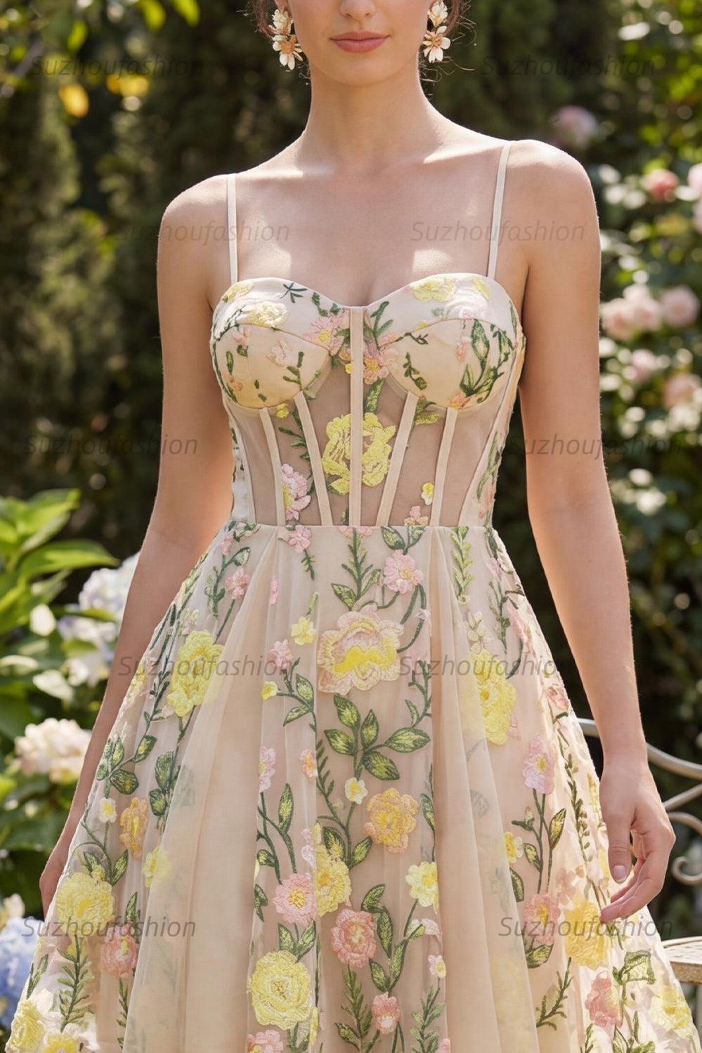 Suzhoufashion Champagne Floral Spaghetti Straps A-Line Corset Short Homecoming Dress