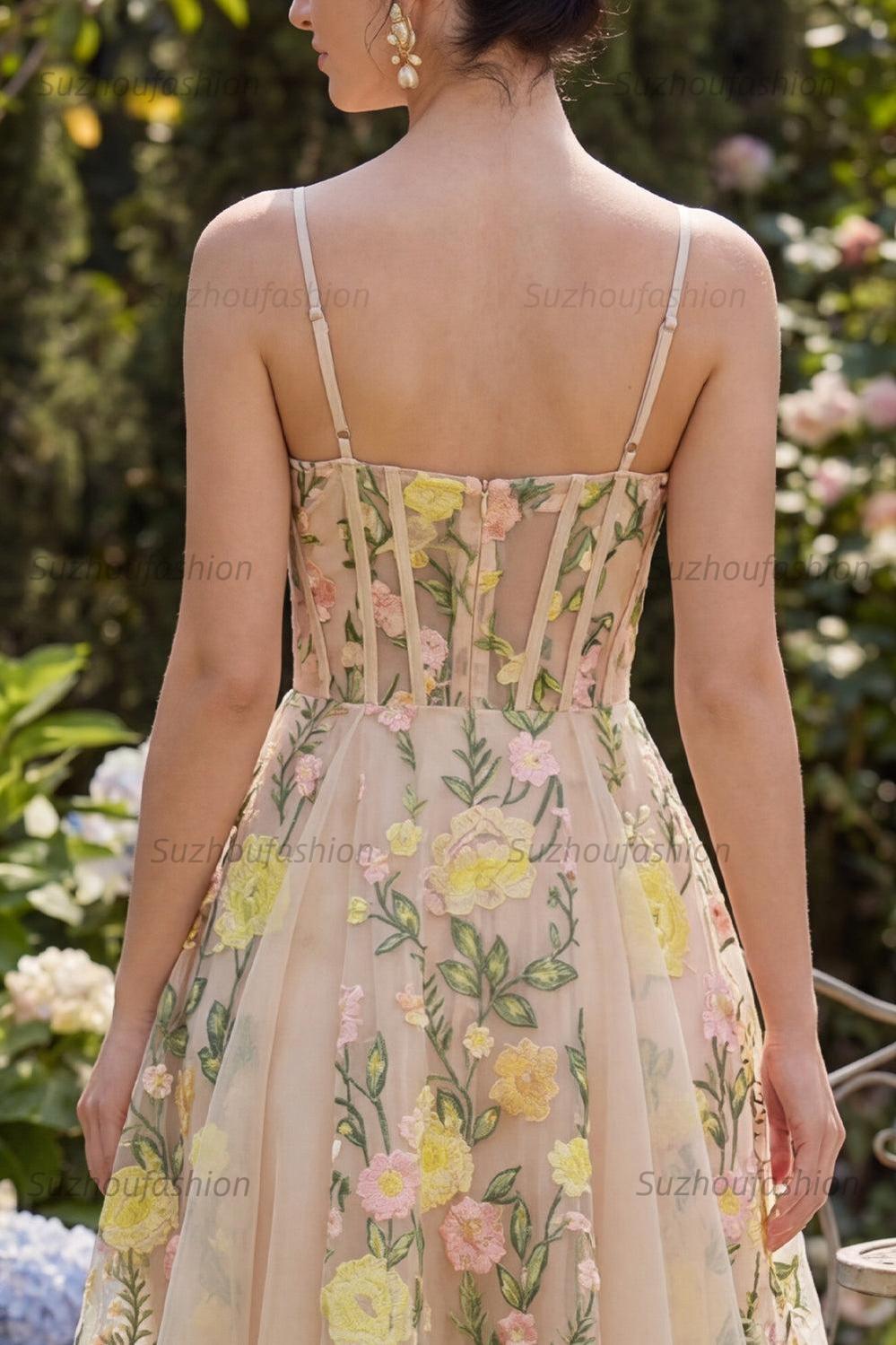 Suzhoufashion Champagne Floral Spaghetti Straps A-Line Corset Short Homecoming Dress