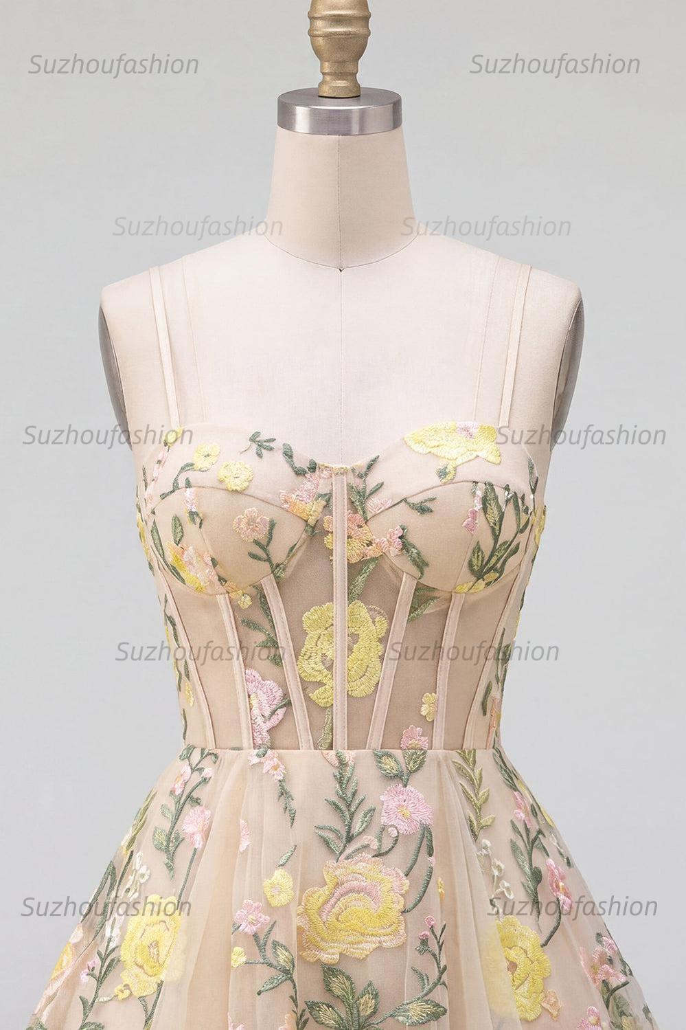 Suzhoufashion Champagne Floral Spaghetti Straps A-Line Corset Short Homecoming Dress