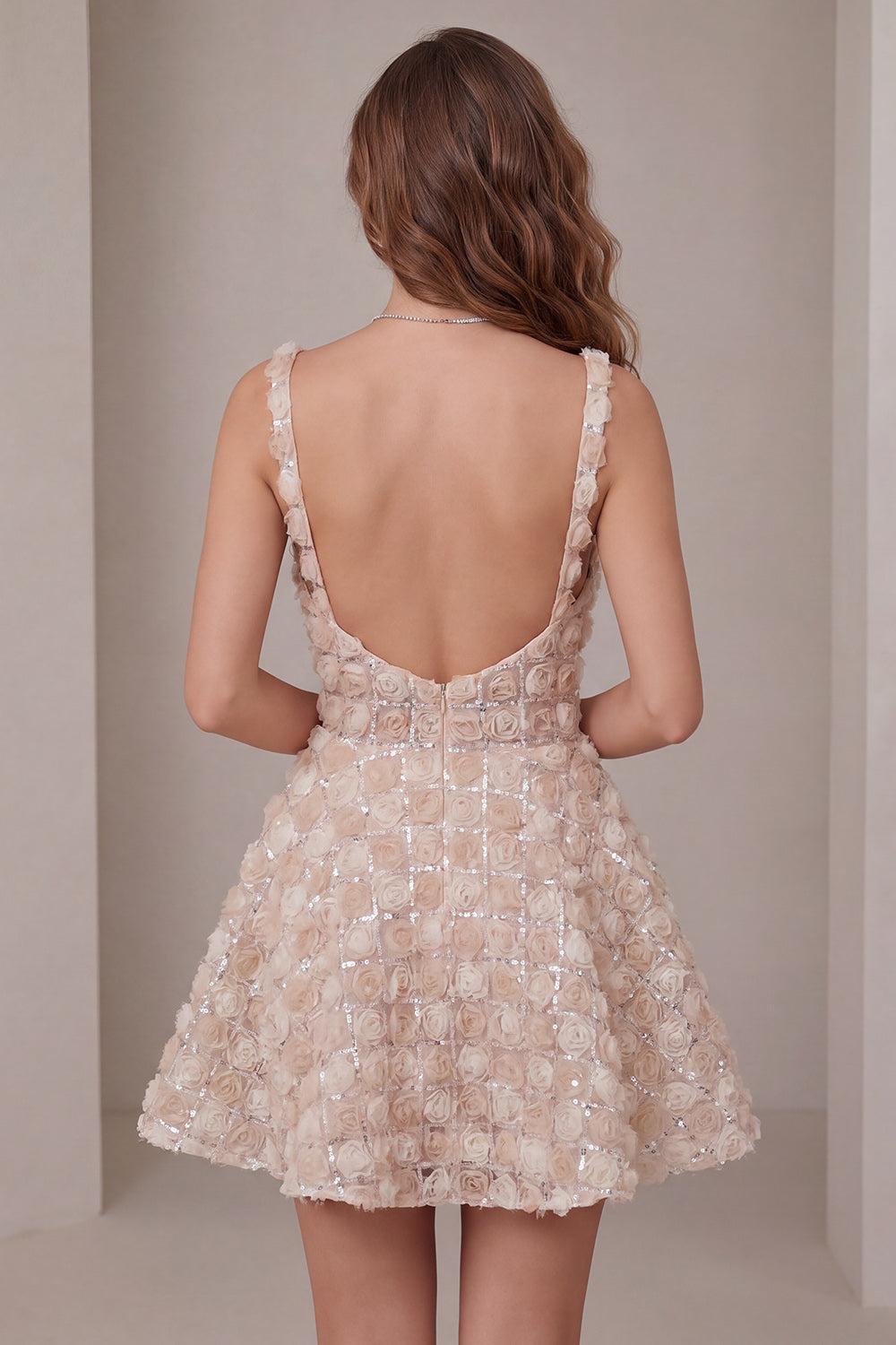 Suzhoufashion Champagne Sequin A-Line Short Homecoming Dress with 3D Flowers