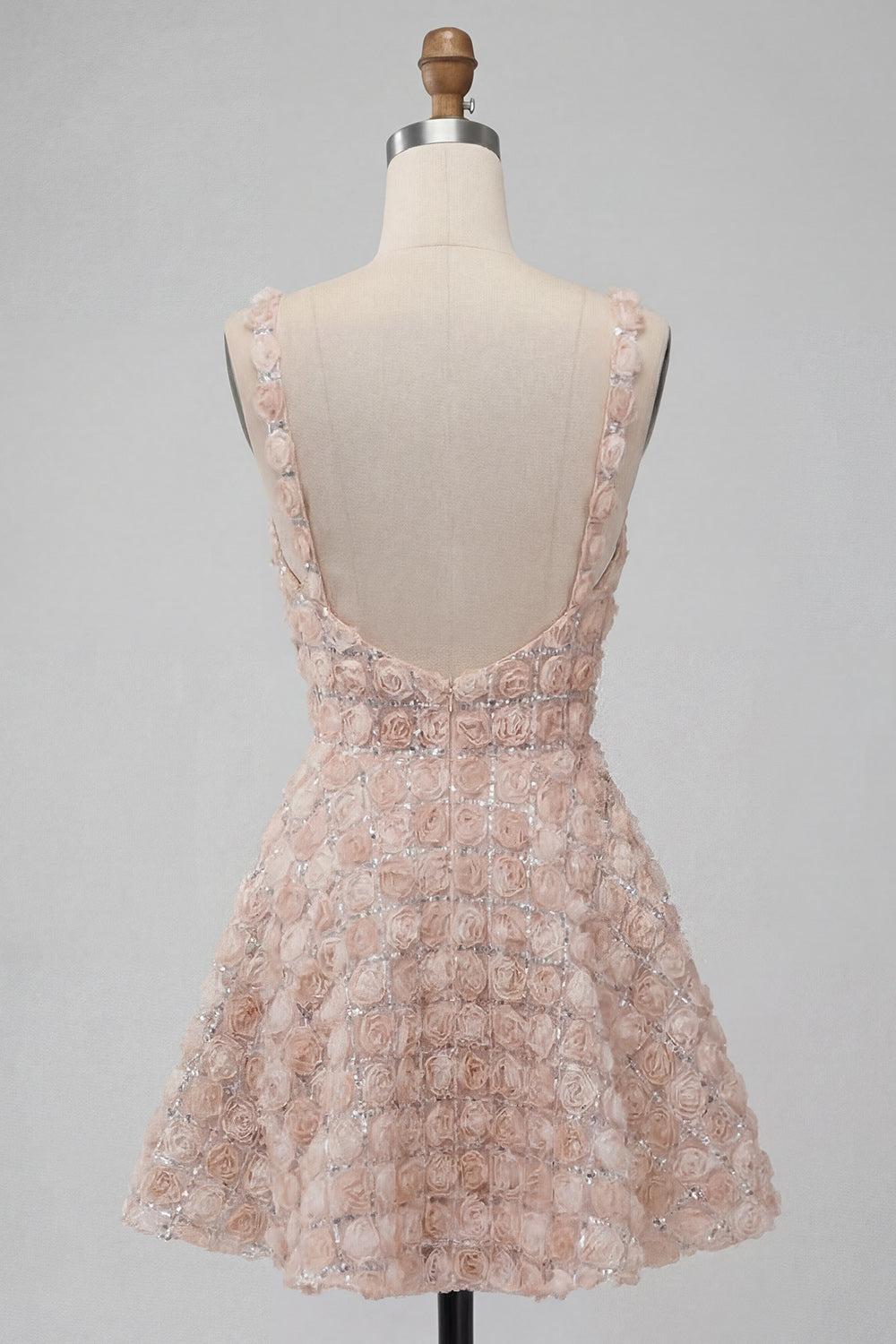 Suzhoufashion Champagne Sequin A-Line Short Homecoming Dress with 3D Flowers