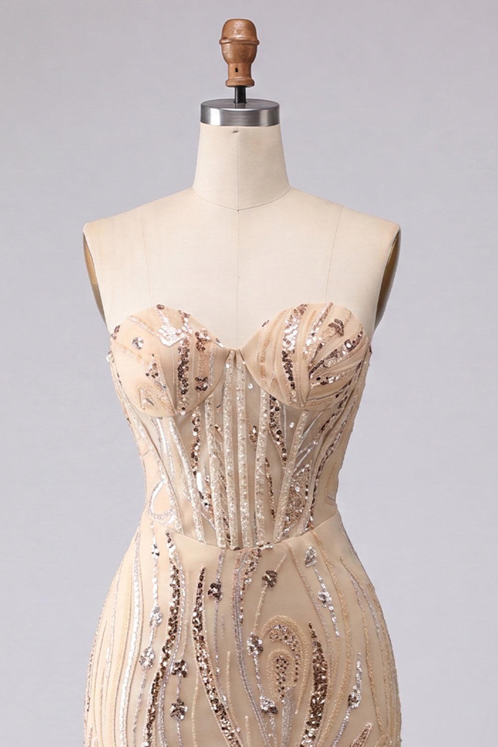 Suzhoufashion Champagne Sequin Tight Short Corset Homecoming Dress