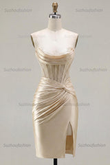 Suzhoufashion Champagne Strapless Ruched Corset Tight Short Homecoming Dress with Slit