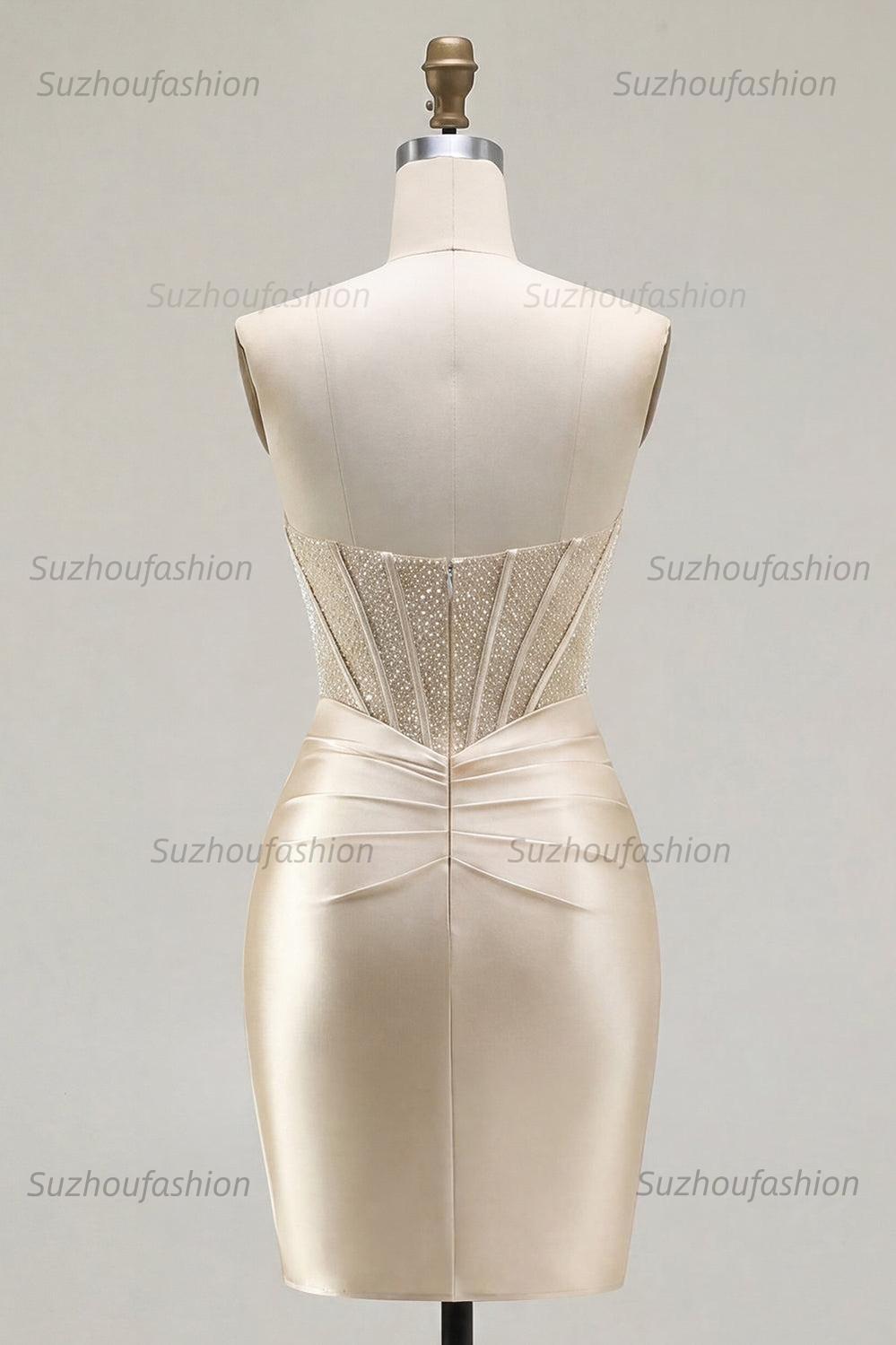 Suzhoufashion Champagne Strapless Ruched Corset Tight Short Homecoming Dress with Slit