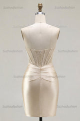 Suzhoufashion Champagne Strapless Ruched Corset Tight Short Homecoming Dress with Slit