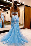 Suzhoufashion Charming Long Blue Glitter Lace Mermaid Sleeveless Evening Gowns With Slit