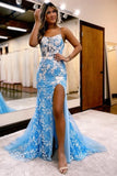 Suzhoufashion Charming Long Blue Glitter Lace Mermaid Sleeveless Evening Gowns With Slit