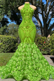 Suzhoufashion Charming Long Green Sequined Halter Flower Mermaid Satin Prom Dresses
