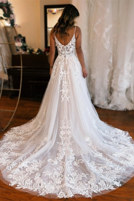 Suzhoufashion Charming Long White A-line Spaghetti Straps Lace Sleeveless Wedding dresses With Slit