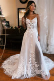 Suzhoufashion Charming Long White A-line Spaghetti Straps Lace Sleeveless Wedding dresses With Slit