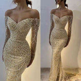 Suzhoufashion Chic Off-the-Shoulder Long Sleeves Prom Dress Mermaid Pearls With Beads