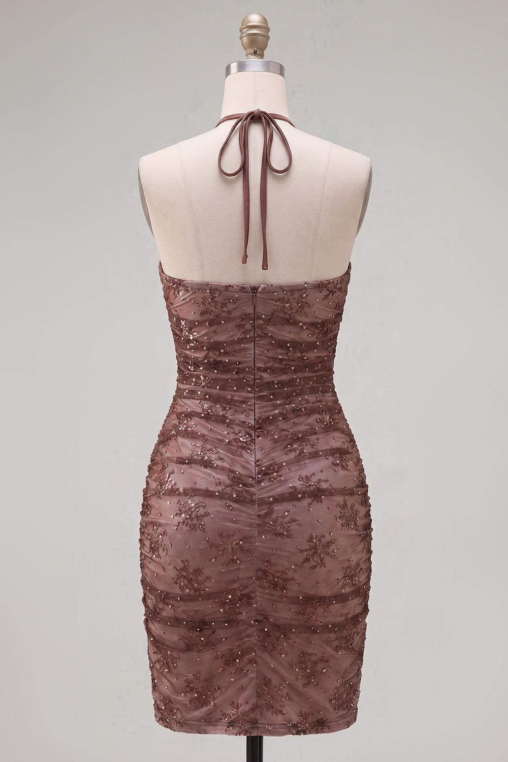 Suzhoufashion Chocolate Brown Halter Beaded Ruched Tight Short Homecoming Dress