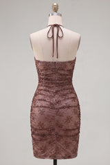 Suzhoufashion Chocolate Brown Halter Beaded Ruched Tight Short Homecoming Dress