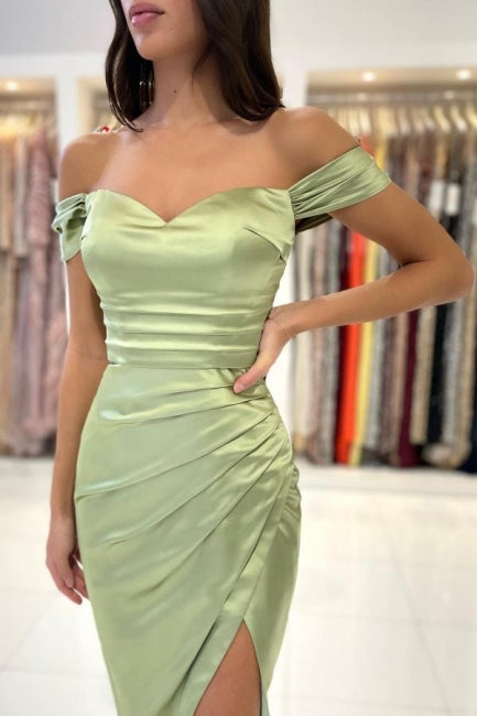 Suzhoufashion Classic Off-the-shoulder Evening Dresses Short Sage Prom Dress With Split