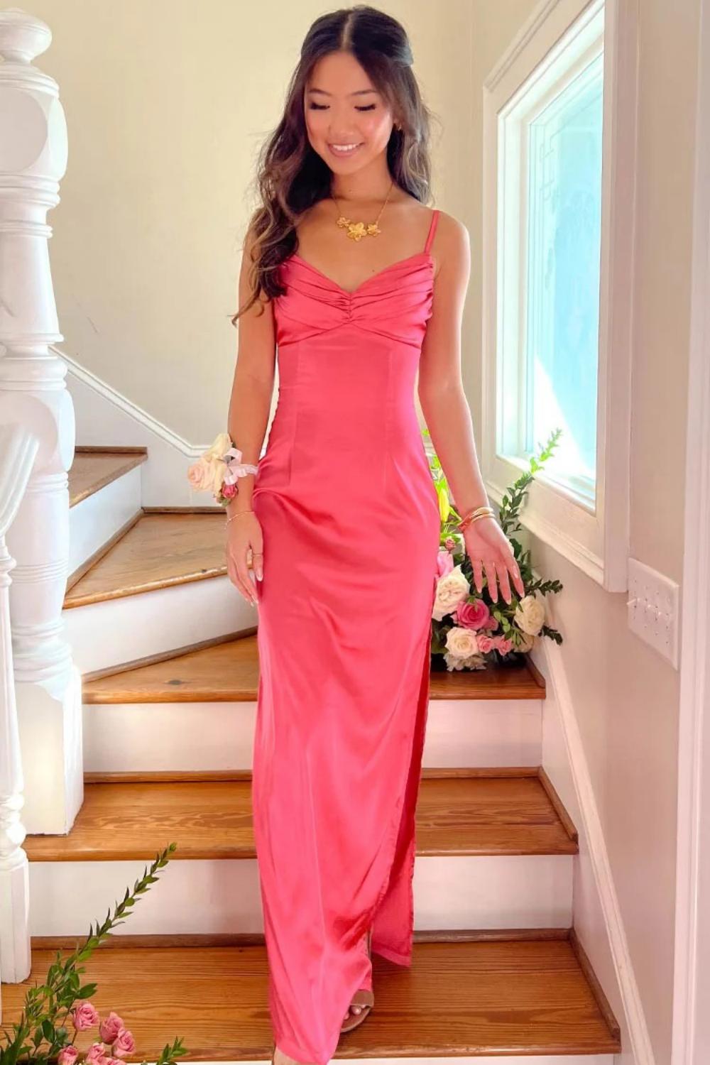Suzhoufashion Classic Sheath Spaghetti Straps Candy Pink Long Prom Dress With Ruched Formal Evening Gown