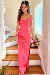 Suzhoufashion Classic Sheath Spaghetti Straps Candy Pink Long Prom Dress With Ruched Formal Evening Gown