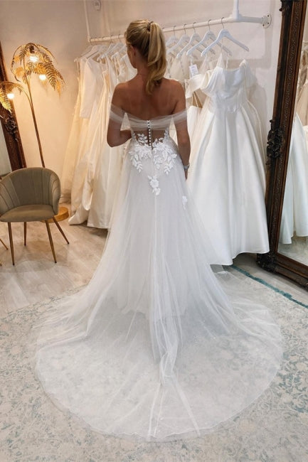 Suzhoufashion Classy Boho Long White A-line Lace Sleeveless Tulle Wedding Dresses