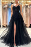 Suzhoufashion Classy Long Black A-line Sequined Lace Evening Gowns With Slit