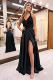 Suzhoufashion Classy Long Black A-line V-neck Sequined Evening Dress With Glitter
