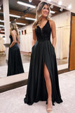 Suzhoufashion Classy Long Black A-line V-neck Sequined Evening Dress With Glitter