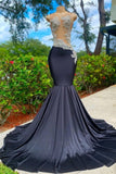 Suzhoufashion Classy Long Black Jewel Mermaid Lace Prom Dresses with Appliques