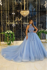 Suzhoufashion Classy Long Blue A-line Halter Sleeveless Beading Evening Gowns With Glitter