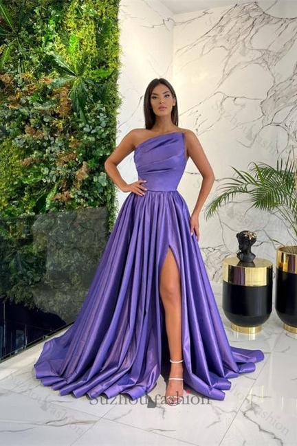 Suzhoufashion Classy Long Blue A-line One Shoulder Sleeveless Evening Dresses With Slit