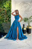 Suzhoufashion Classy Long Blue A-line One Shoulder Sleeveless Evening Dresses With Slit