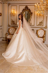 Suzhoufashion Classy Long Ivory A-line V-neck Satin Sleeveless Wedding Dresses With Train