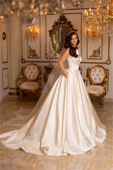 Suzhoufashion Classy Long Ivory A-line V-neck Satin Sleeveless Wedding Dresses With Train
