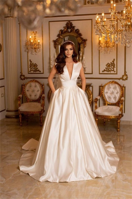 Suzhoufashion Classy Long Ivory A-line V-neck Satin Sleeveless Wedding Dresses With Train