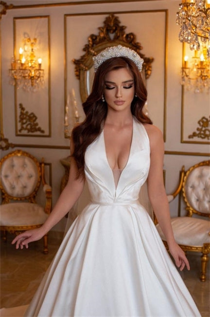 Suzhoufashion Classy Long Ivory A-line V-neck Sleeveless Satin Wedding Dresses