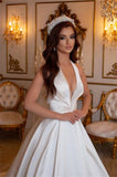 Suzhoufashion Classy Long Ivory A-line V-neck Sleeveless Satin Wedding Dresses