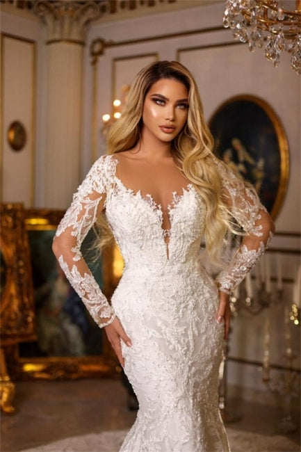 Suzhoufashion Classy Long Mermaid V-neck Lace Wedding Dresses With Long Sleeves