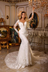 Suzhoufashion Classy Long Mermaid V-neck Lace Wedding Dresses With Long Sleeves