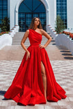 Suzhoufashion Classy Long Red A-line One Shoulder Satin Sleeveless Evening Dresses With Slit