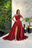 Suzhoufashion Classy Long Red A-line One Shoulder Sleeveless Satin Evening Gowns With Slit