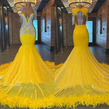 Suzhoufashion Classy Long Yellow Tassel Beading Sleeveless Mermaid Prom Dresses with Appliques