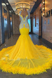 Suzhoufashion Classy Long Yellow Tassel Beading Sleeveless Mermaid Prom Dresses with Appliques