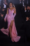 Suzhoufashion Classy Pink Sleeveless Split Mermaid Evening Dresses With Glitter